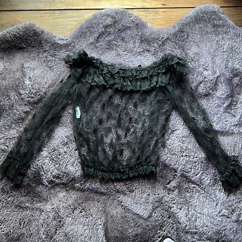 Moschino off the shoulder black lace ruffle top